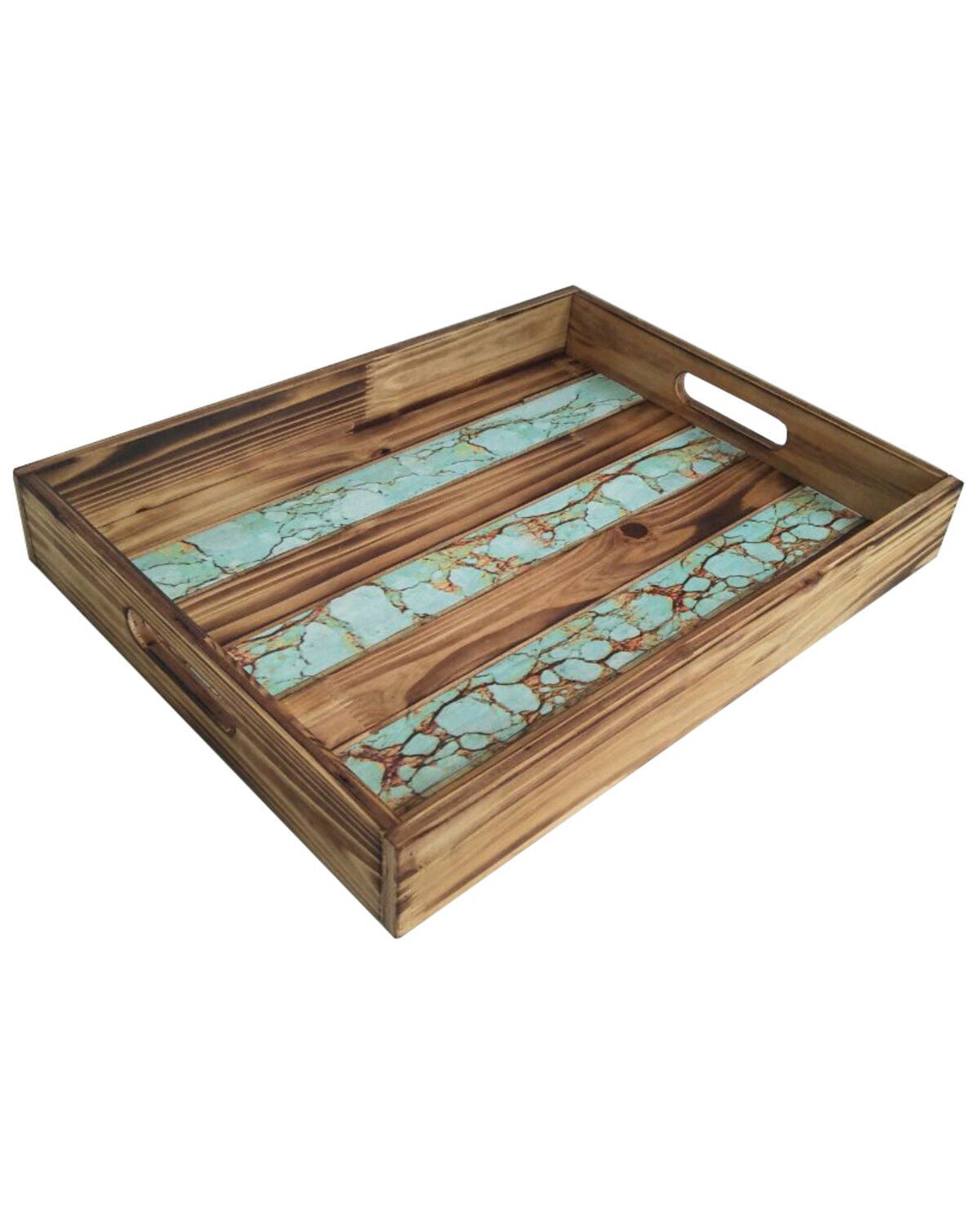 HiEnd Accents Wooden Tray with Turquoise Inlay, Turquoise, hi-res