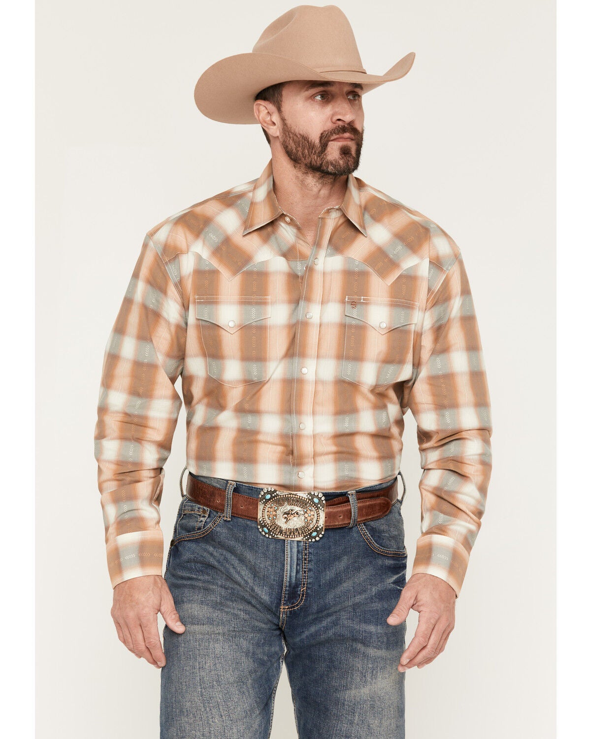 Image #1 - Stetson Men's Dobby Plaid Print Long Sleeve Snap Western Shirt, Tan, hi-res