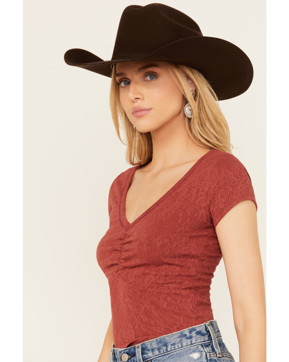 Image #2 - Shyanne Women's V Neck Short Sleeve Stretch Knit Top, Rust Copper, hi-res