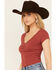 Image #2 - Shyanne Women's V Neck Short Sleeve Stretch Knit Top , Rust Copper, hi-res