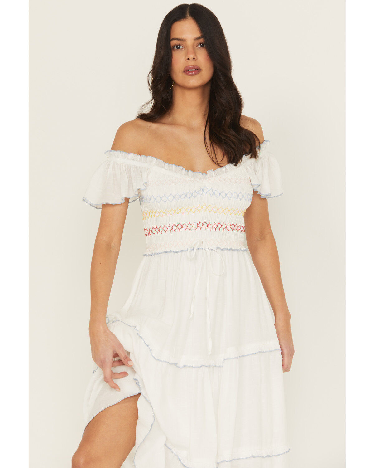 Image #2 - Wild Moss Women's Smocked Ruffle Sleeve Midi Dress, White, hi-res