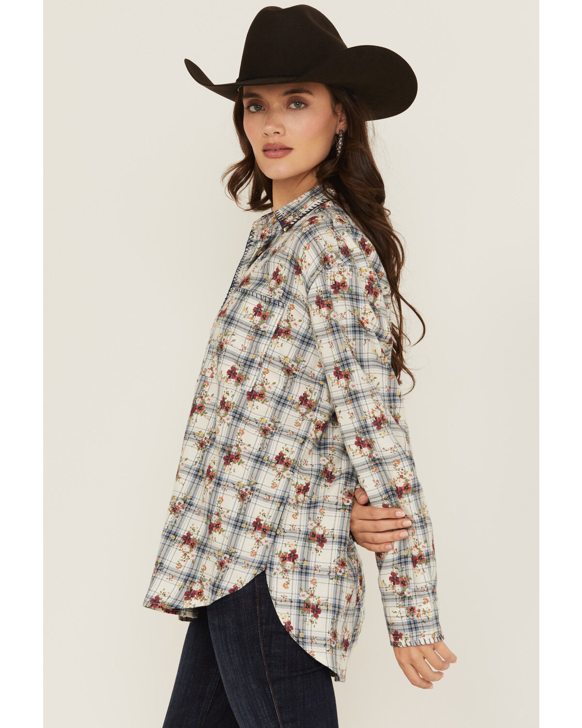 Image #2 - Evergreen Women's Floral Plaid Print Long Sleeve Button-Down Western Shirt, White, hi-res
