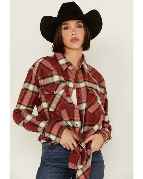 Wrangler Women's Plaid Print Long Sleeve Snap Boyfriend Flannel Shirt , Red, hi-res