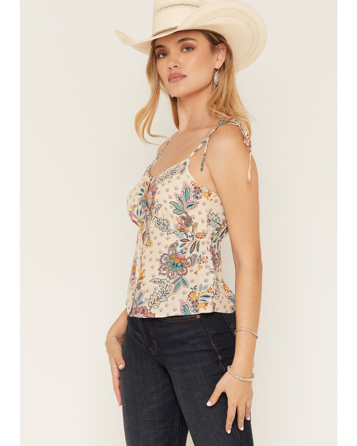 Shyanne Women's Pocono Floral Print Tie Cami, Beige, hi-res