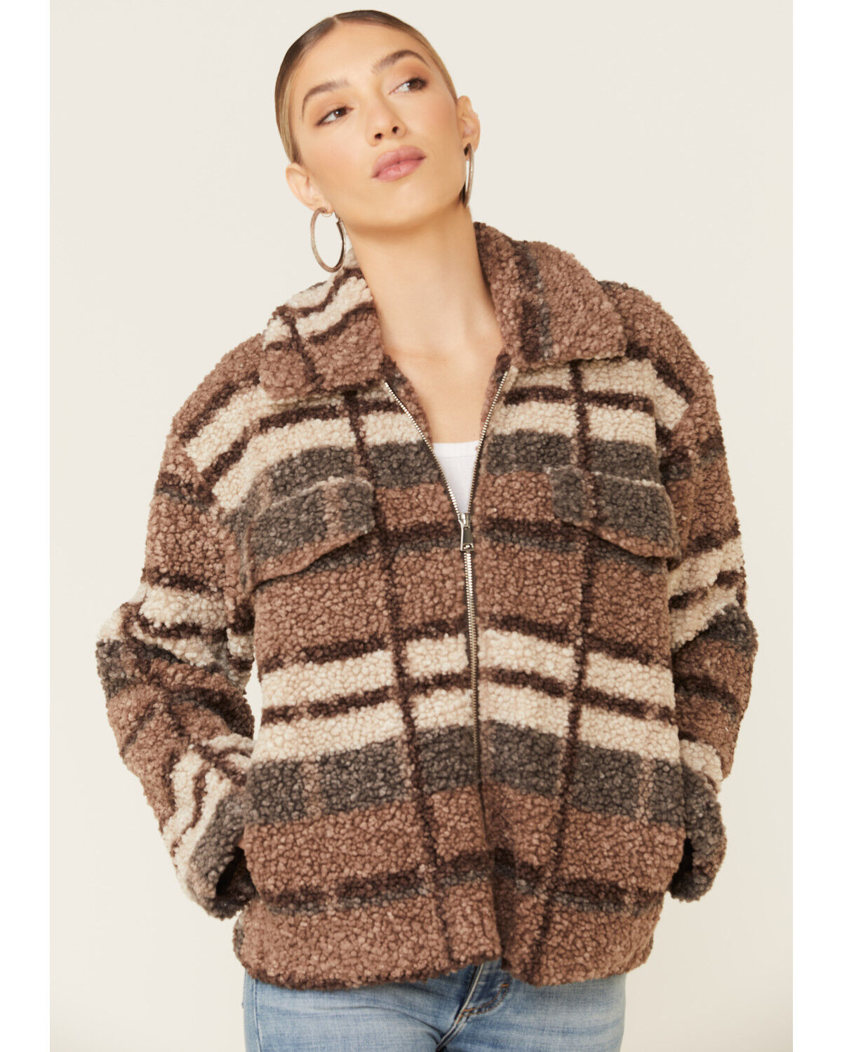 Brown plaid sherpa jacket clearance