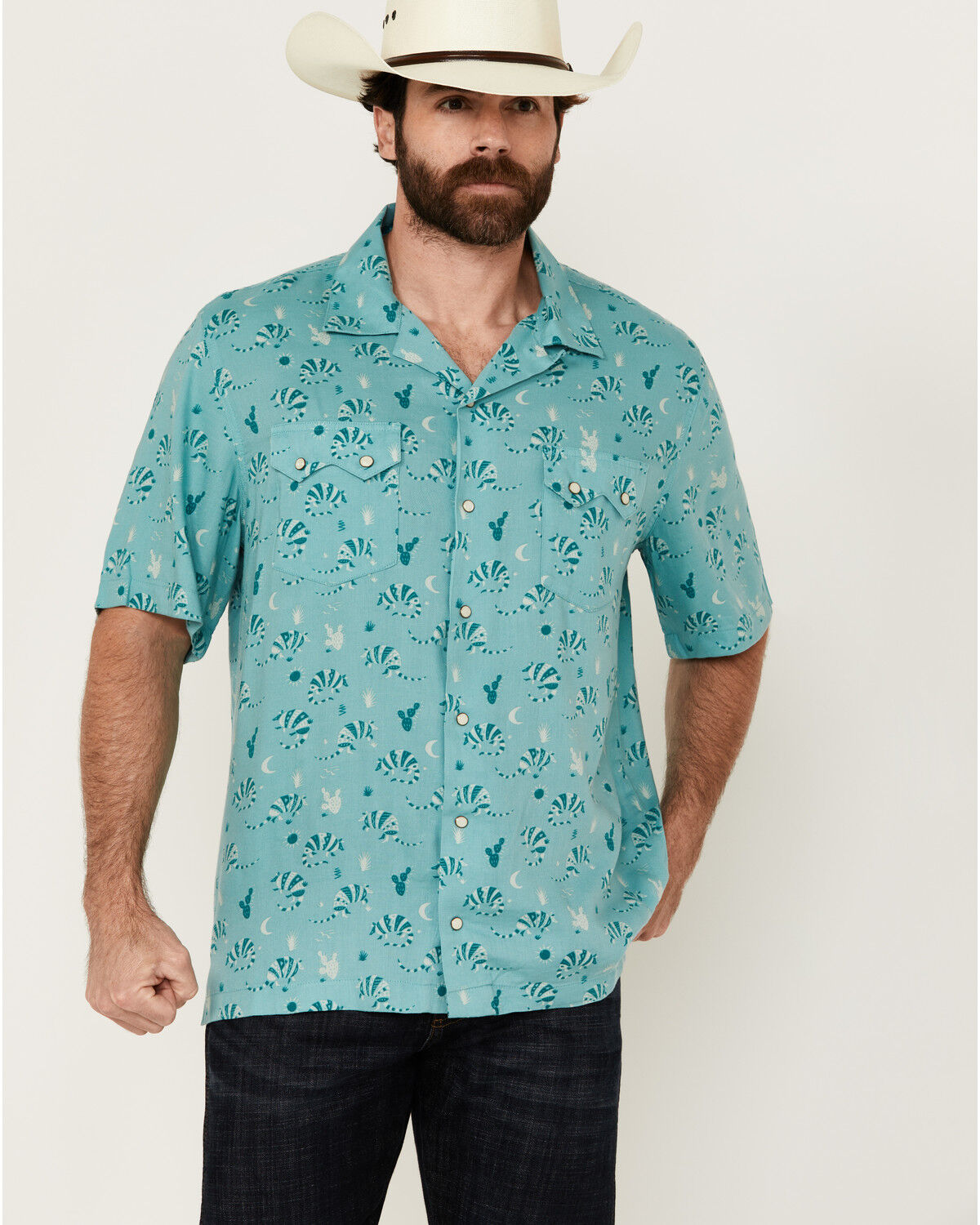 Image #1 - Wrangler Men's Conversation Print Short Sleeve Snap Western Shirt, Turquoise, hi-res