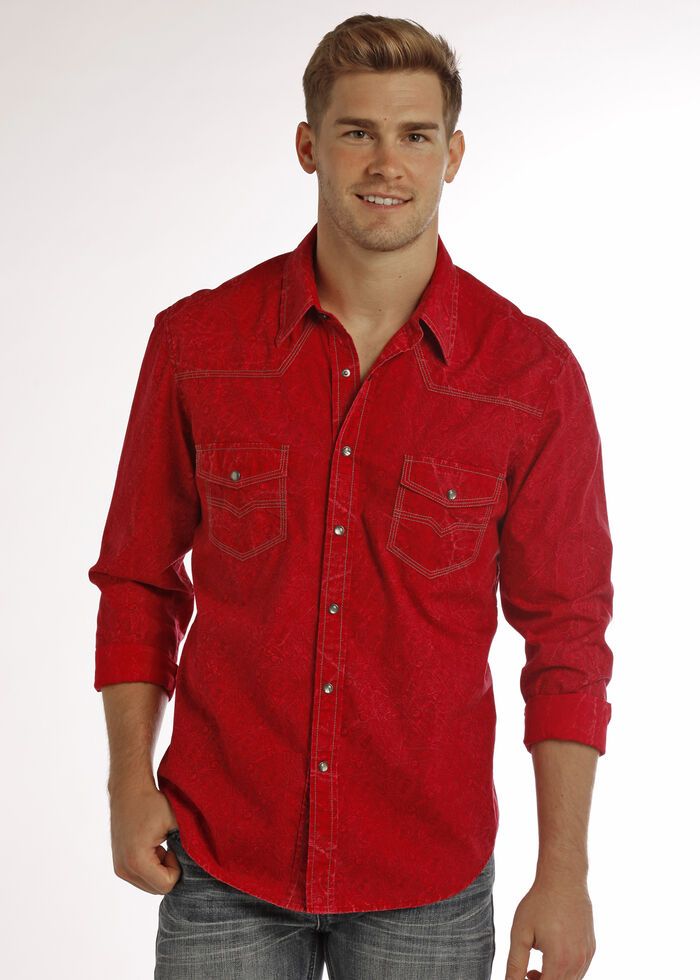 Rock & Roll Cowboy Men's Red Crinkle Wash Paisley Print Long Sleeve Shirt, Red, hi-res