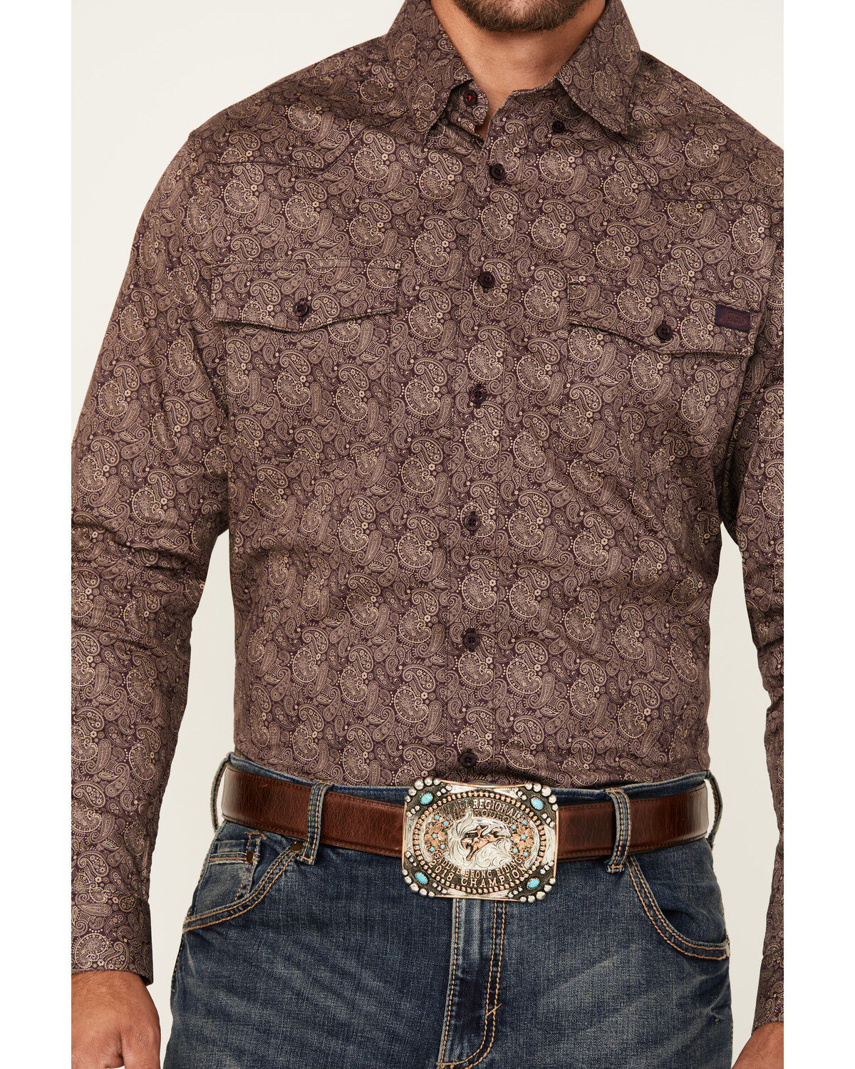 Image #3 - Justin Men's Boot Barn Exclusive Paisley Print Long Sleeve Button-Down Stretch Western Shirt, Purple, hi-res