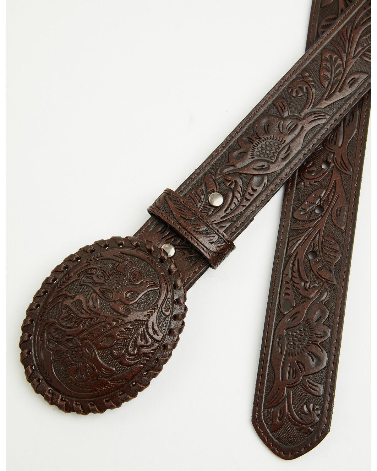 Shyanne Women's Ellery Tooled Leather Buckle Belt, Brown, hi-res