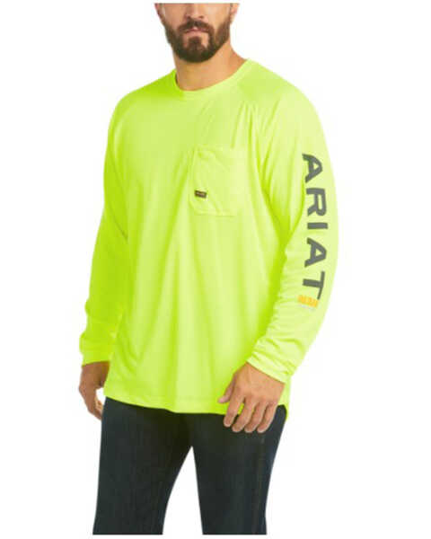 Image #1 - Ariat Men's Lime Rebar Heat Fighter Long Sleeve Work Pocket T-Shirt , Bright Green, hi-res