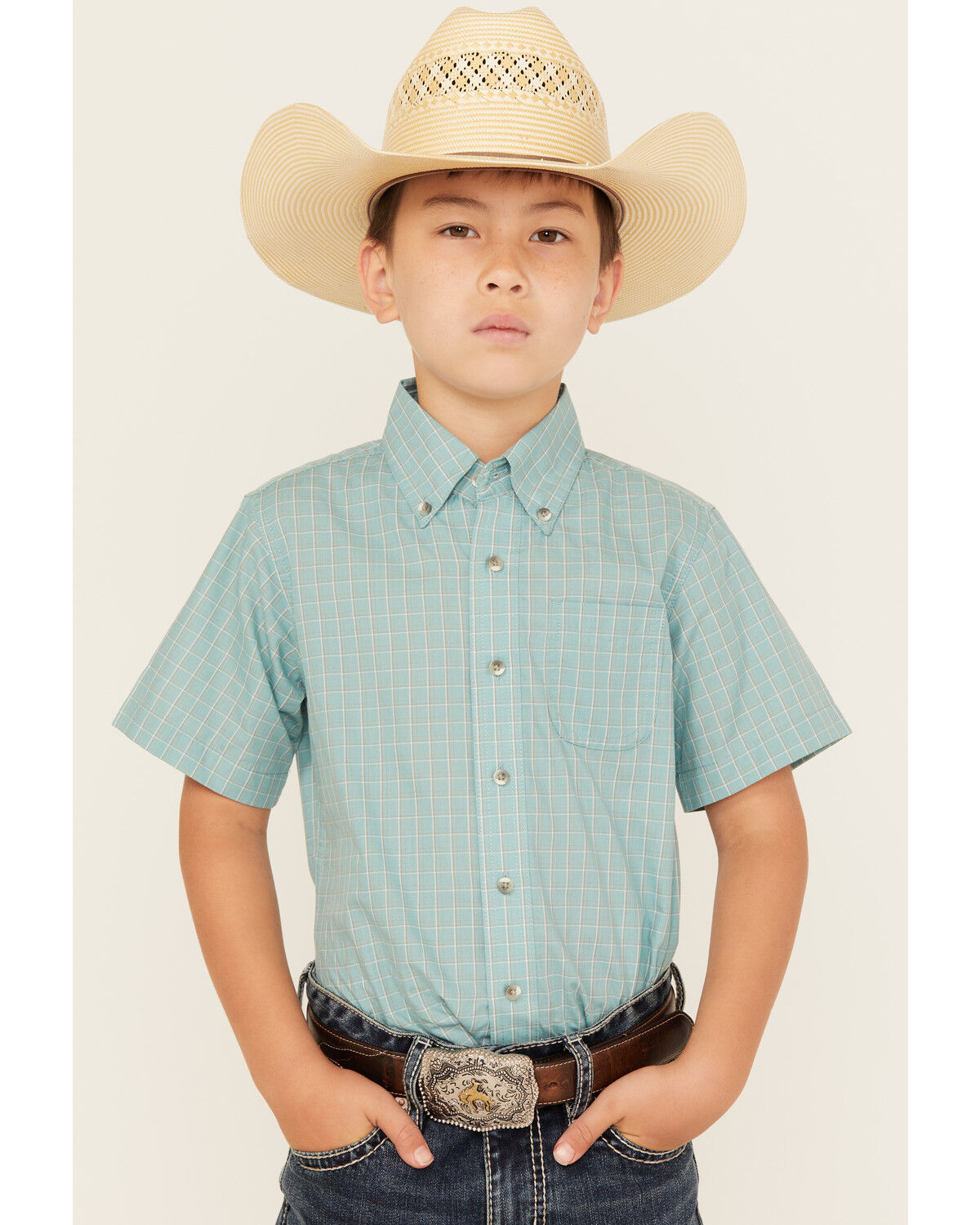 Image #1 - Wrangler Riata Boys' Plaid Print Short Sleeve Button-Down Western Shirt, Teal, hi-res