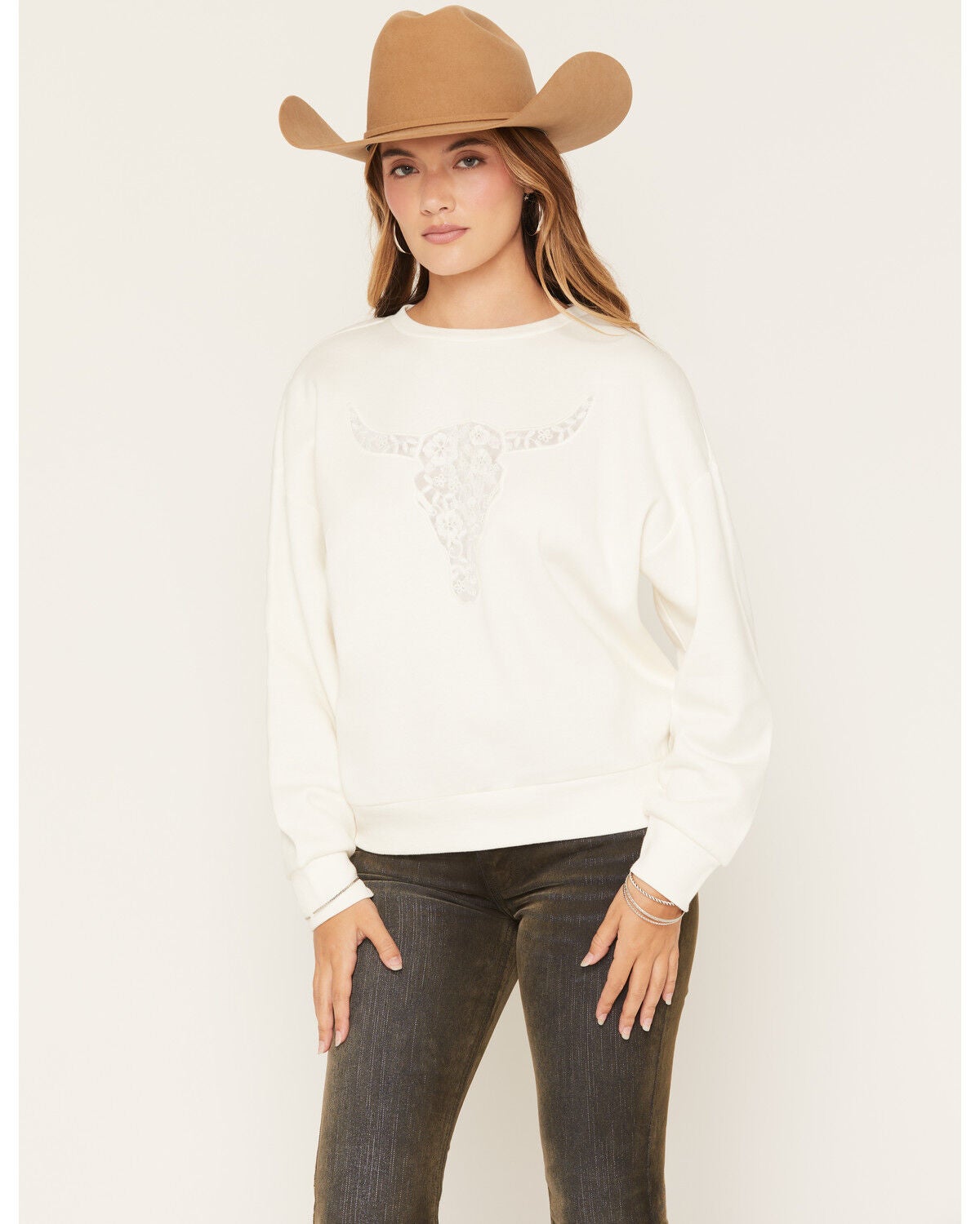 Image #1 - Blended Women's Steer Head Lace Graphic Crewneck Sweatshirt, Cream, hi-res