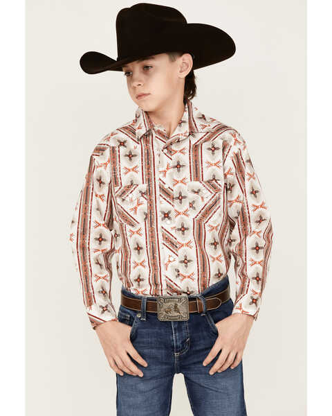 Rock & Roll Denim Boys' Southwestern Stripe Print Long Sleeve Stretch Pearl Snap Western Shirt, Natural, hi-res