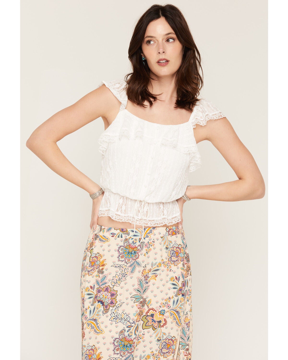 Shyanne Women's Ronson Flutter Sleeve Lace Tank, White, hi-res