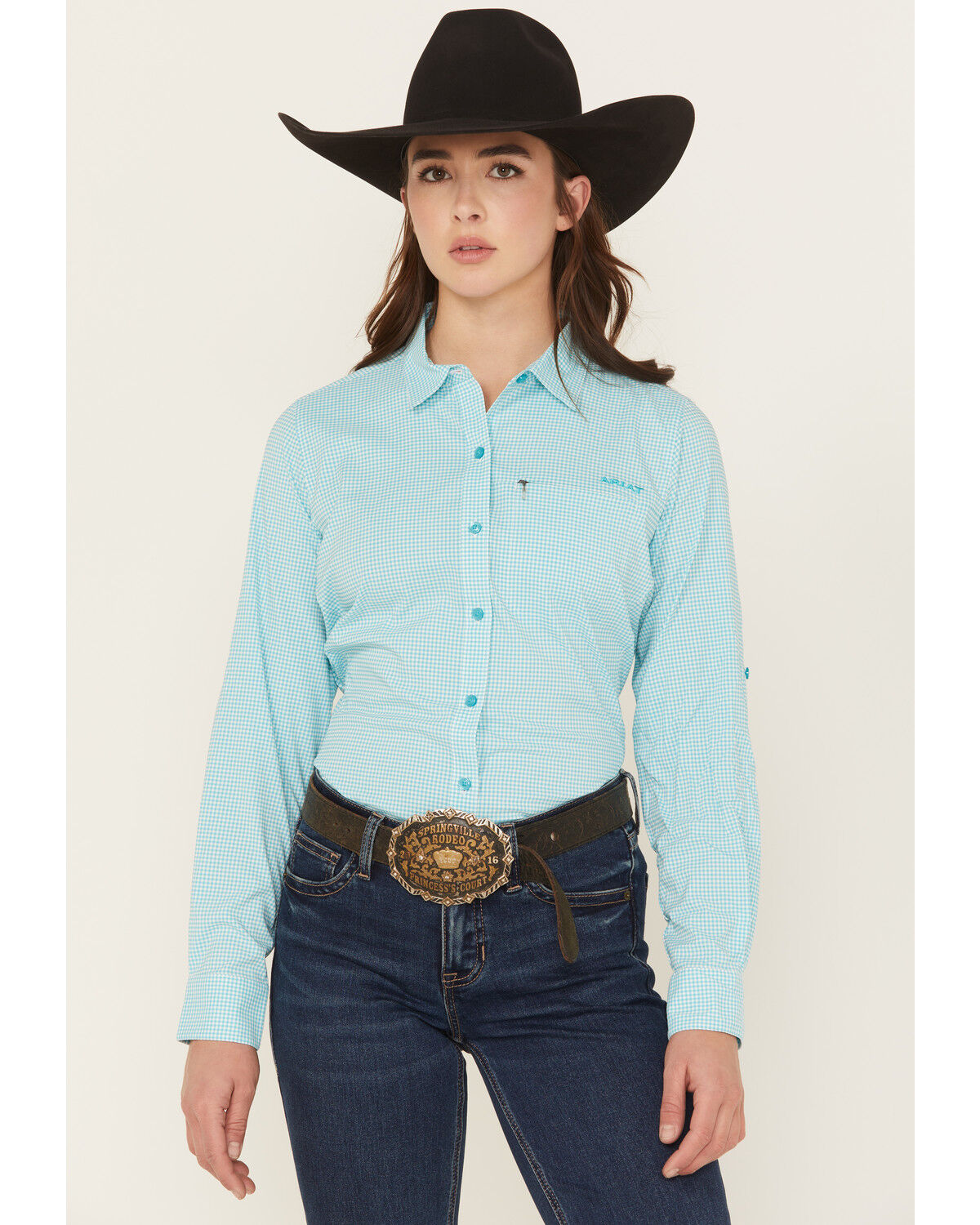 Image #1 - Ariat Women's VentTEK Plaid Print Long Sleeve Button-Down Stretch Western Shirt, Turquoise, hi-res