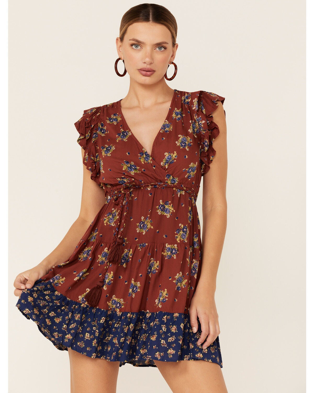 Brown Short Sleeve Floral Mini Dress 