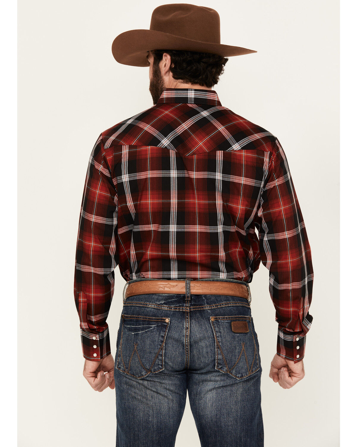 Image #4 - Ely Walker Men's Plaid Print Long Sleeve Snap Stretch Western Shirt, Red, hi-res