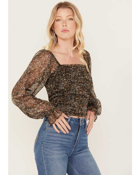 Image #2 - Idyllwind Women's Floral Ditsy Floral Print Long Sleeve Top, Dark Brown, hi-res