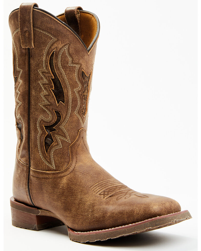 Laredo Men's Distressed Leather Western Boots - Broad Square Toe , Tan, hi-res