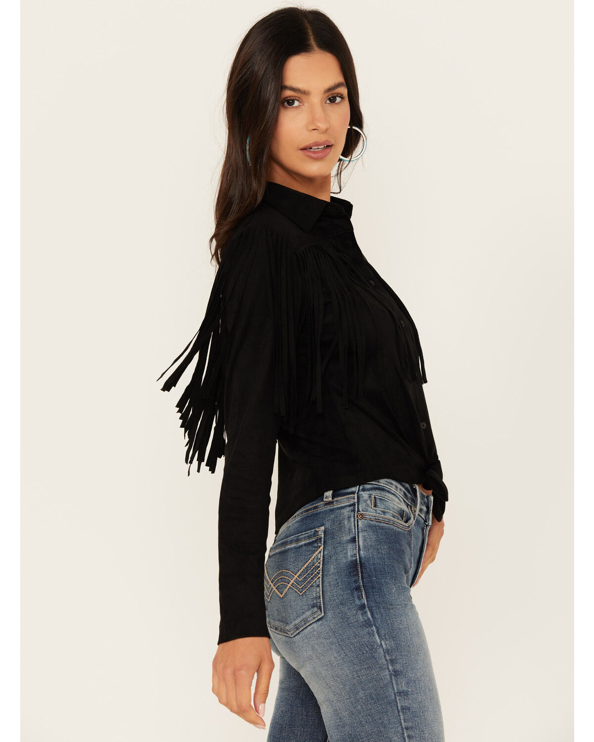 Image #3 - Idyllwind Women's Fate Tie Front Faux Suede Fringe Top, Black, hi-res