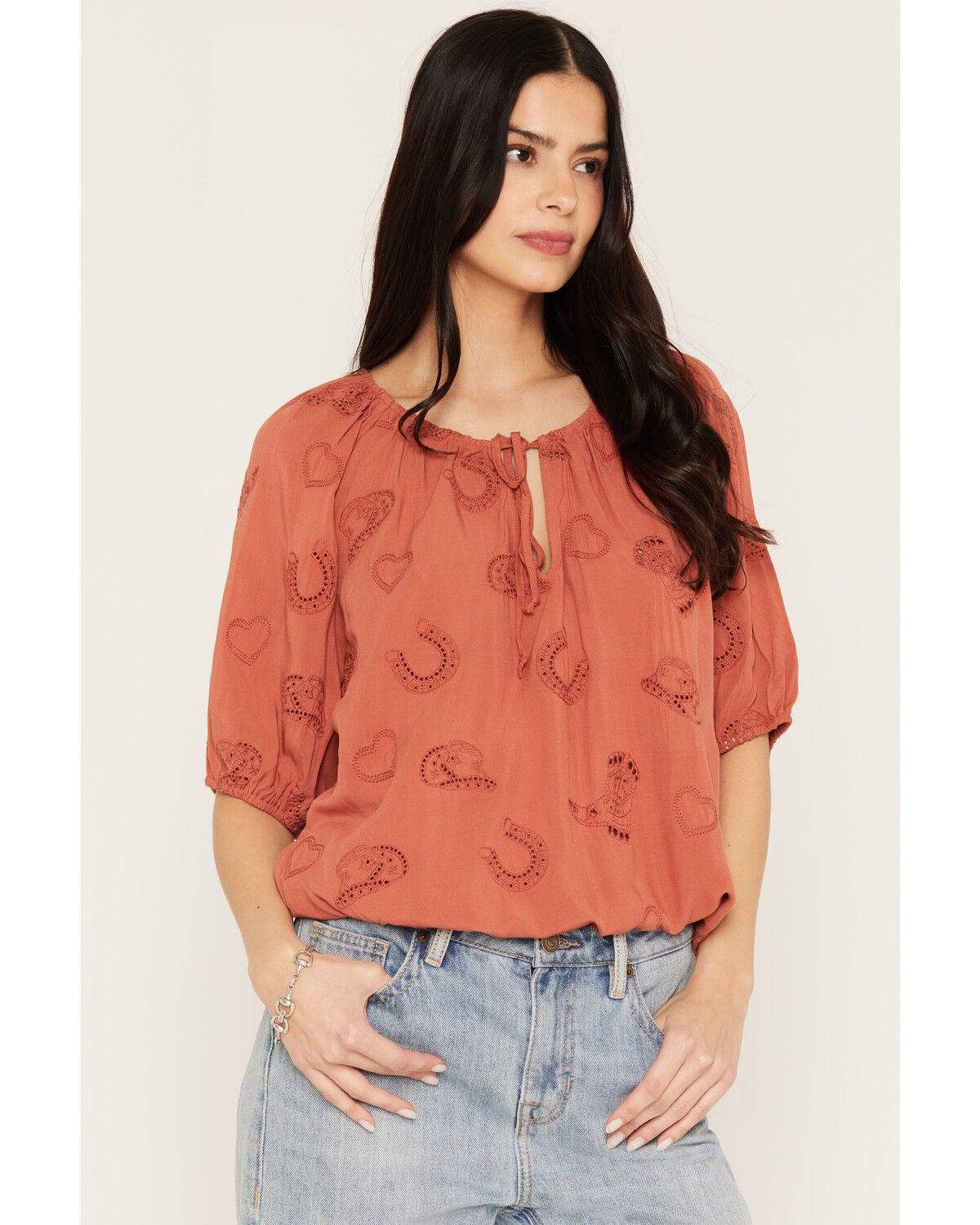 Wild Moss Women's Western Embroidered Cutout Short Sleeve Peasant Top, Rust Copper, hi-res