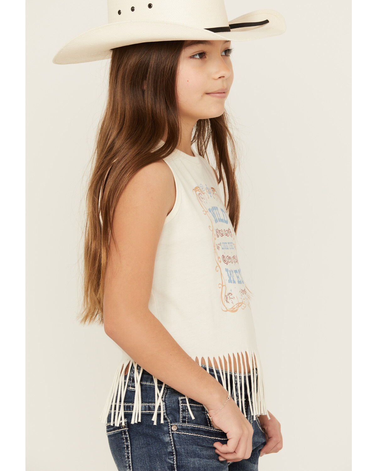 Image #2 - Shyanne Girls' Wild Like The West Fringe Graphic Tank Top, Cream, hi-res