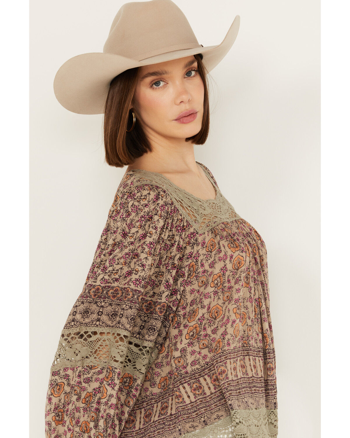 Image #2 - Angie Women's Long Sleeve Macrame Insert Floral Border Print Top, Rust Copper, hi-res