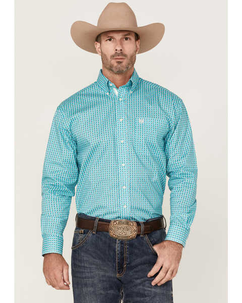 Rough Stock by Panhandle Men's Southwestern Geo Print Long Sleeve Button Down Western Shirt , Turquoise, hi-res