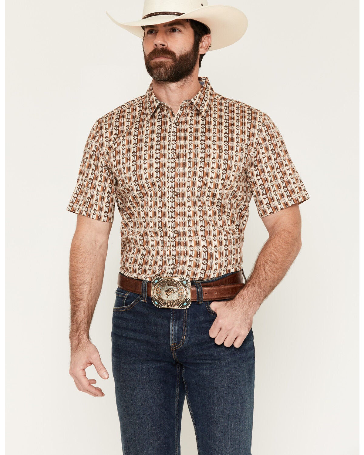 RANK 45&reg; Men's Buffalo Herd Geo Print Short Sleeve Button-Down Stretch Western Shirt, Brown, hi-res