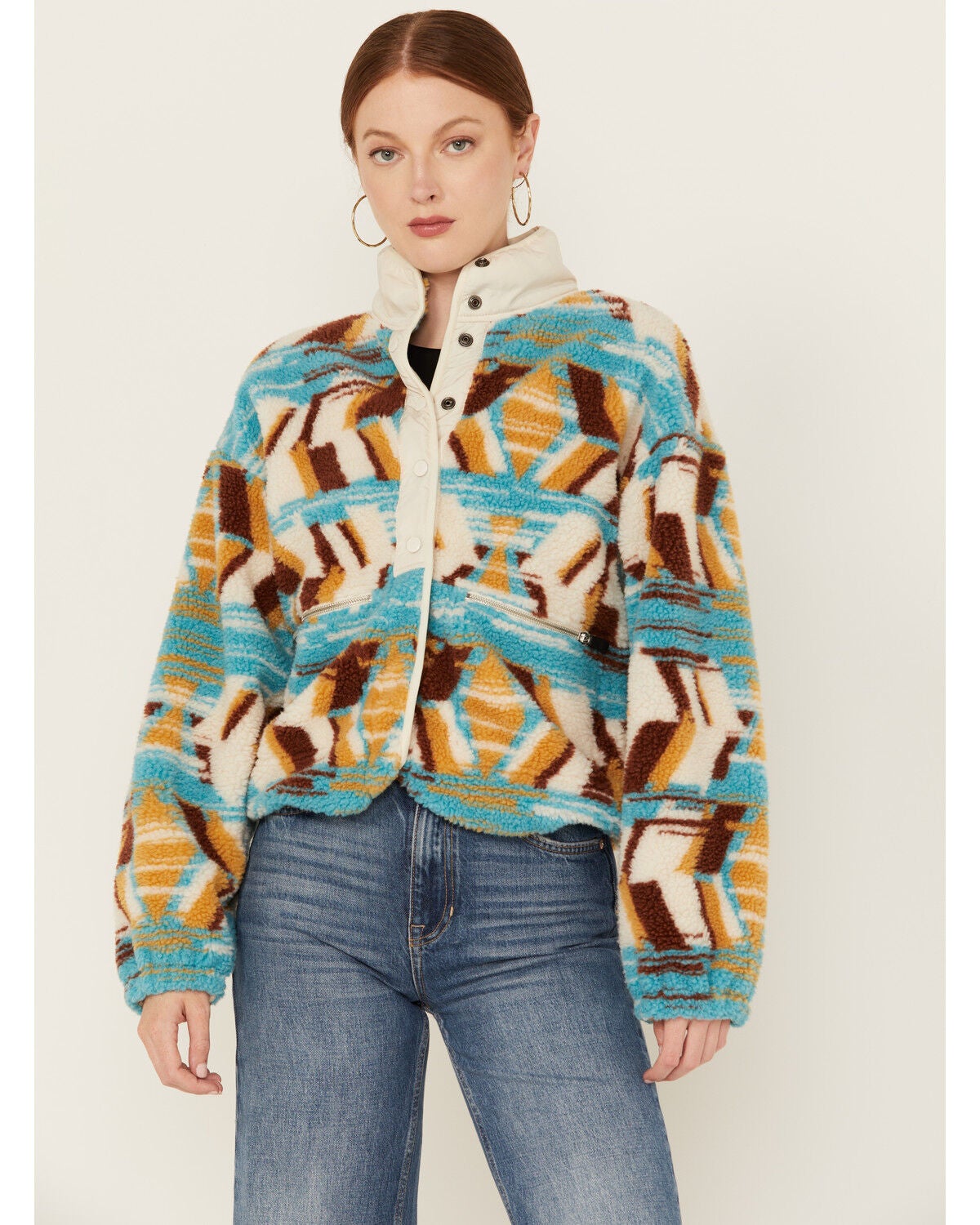 Panhandle Women's Abstract Print Sherpa Sweater Jacket, Multi, hi-res