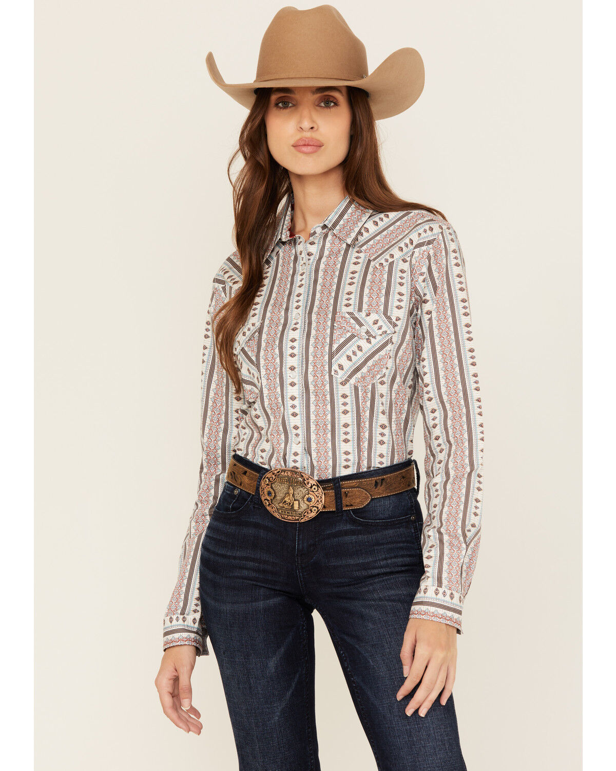 Image #1 - Rough Stock by Panhandle Women's Southwestern Striped Long Sleeve Pearl Snap Stretch Western Shirt, Multi, hi-res