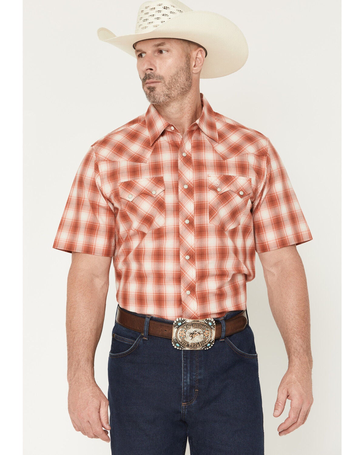 Wrangler Retro Men's Plaid Print Short Sleeve Snap Western Shirt, Orange, hi-res