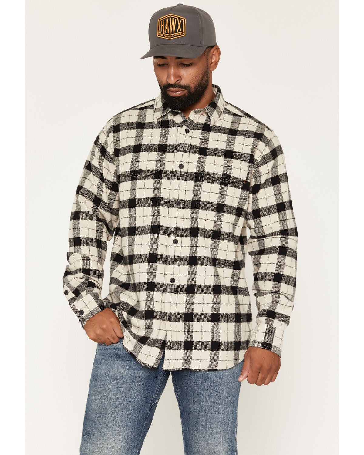 Hawx Men's Outlaw Plaid Print Long Sleeve Button-Down Flannel Work Shirt, Natural, hi-res