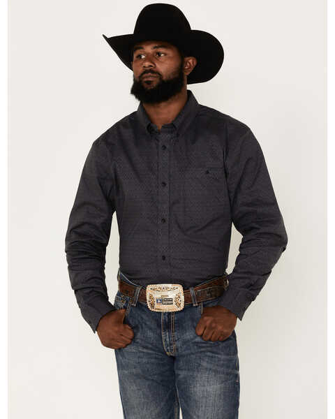 RANK 45 Men's Wayne Geo Print Long Sleeve Button-Down Stretch Western Shirt, Grey, hi-res