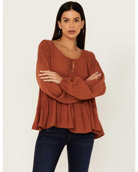 Cleo + Wolf Women's Tiered Flowy Tie Front Blouse , Rust Copper, hi-res