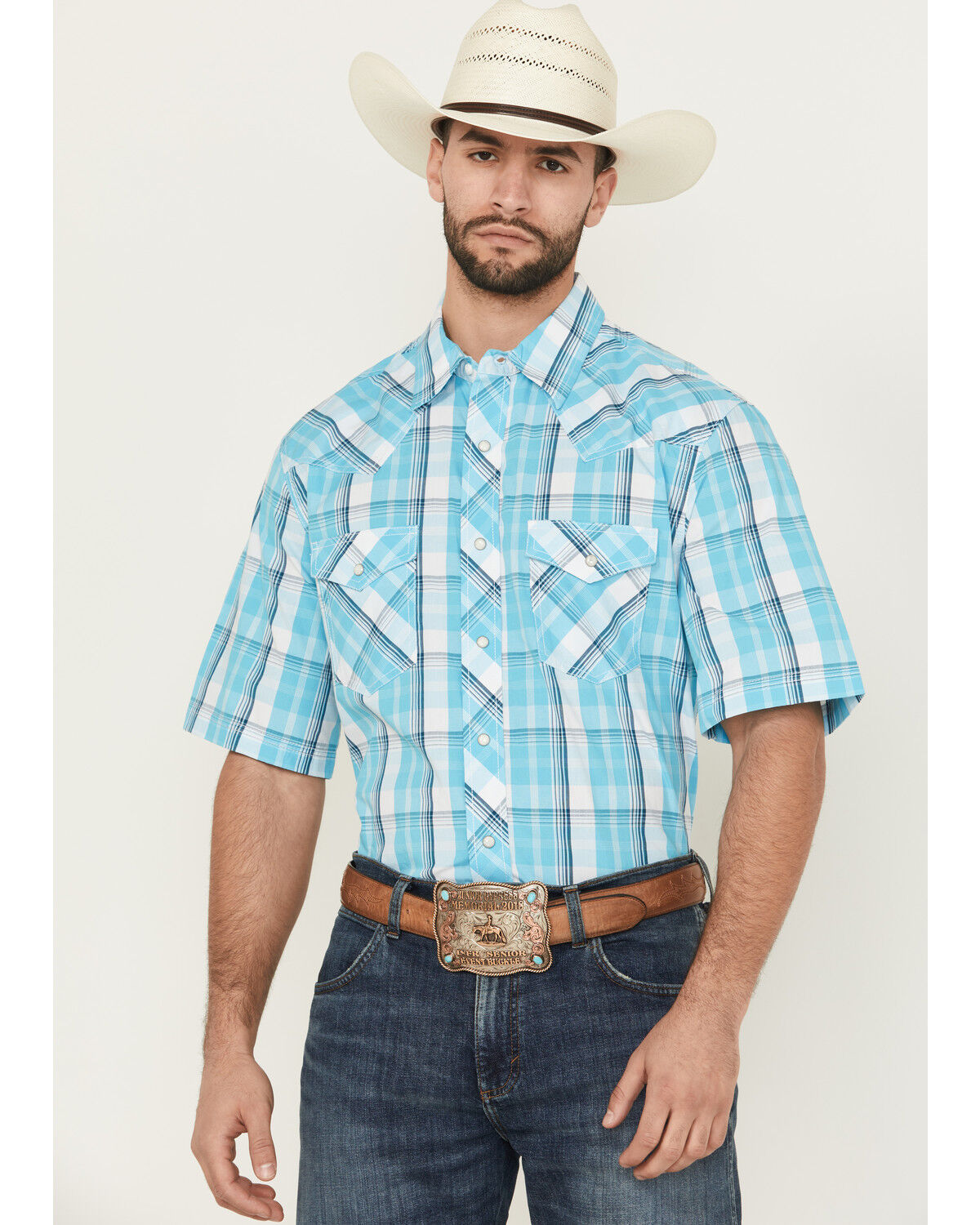 Image #1 - Wrangler Men's 20X Plaid Print Short Sleeve Snap Stretch Western Shirt, Turquoise, hi-res