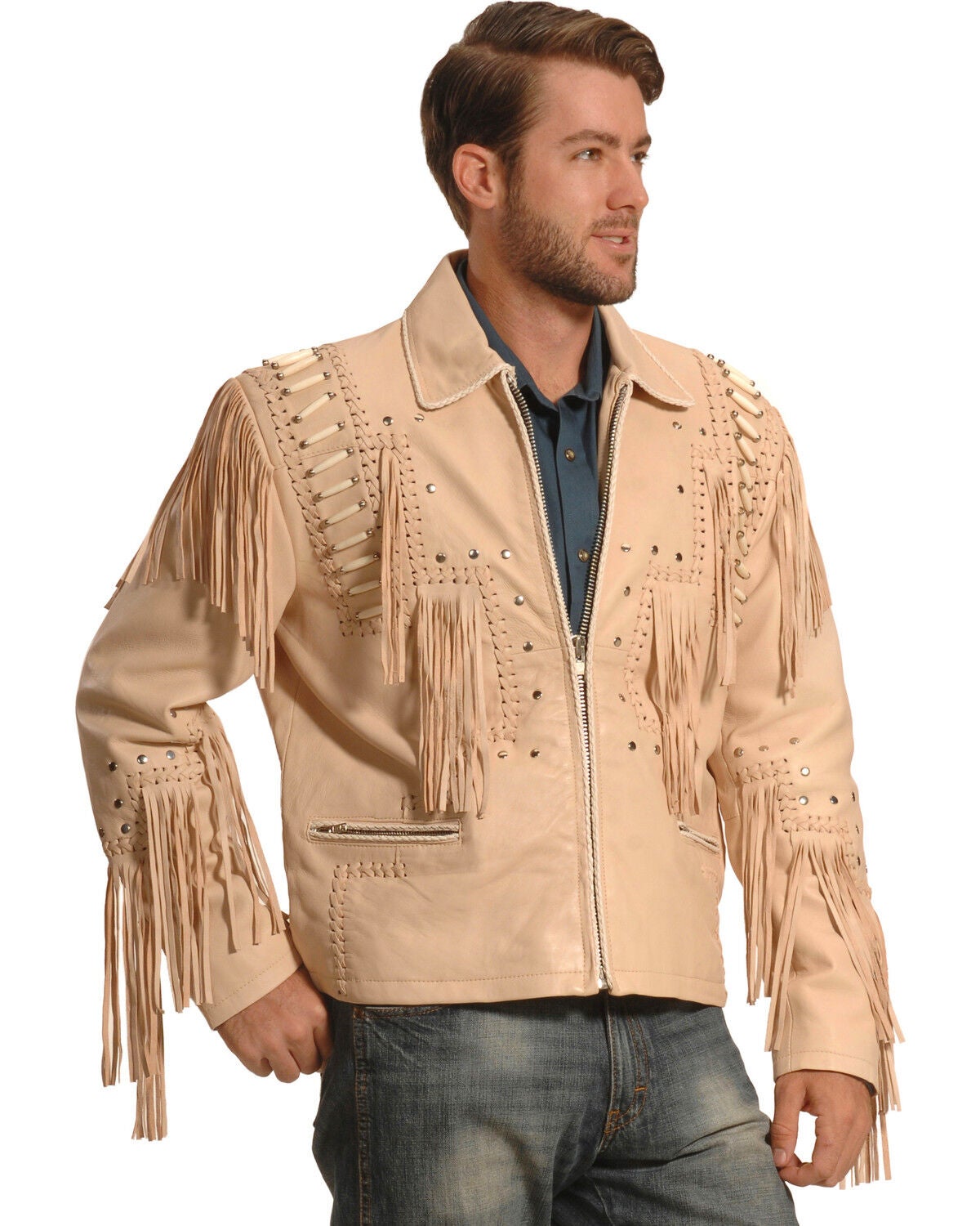 Liberty Wear Men's Fringed Leather Jacket, Cream, hi-res