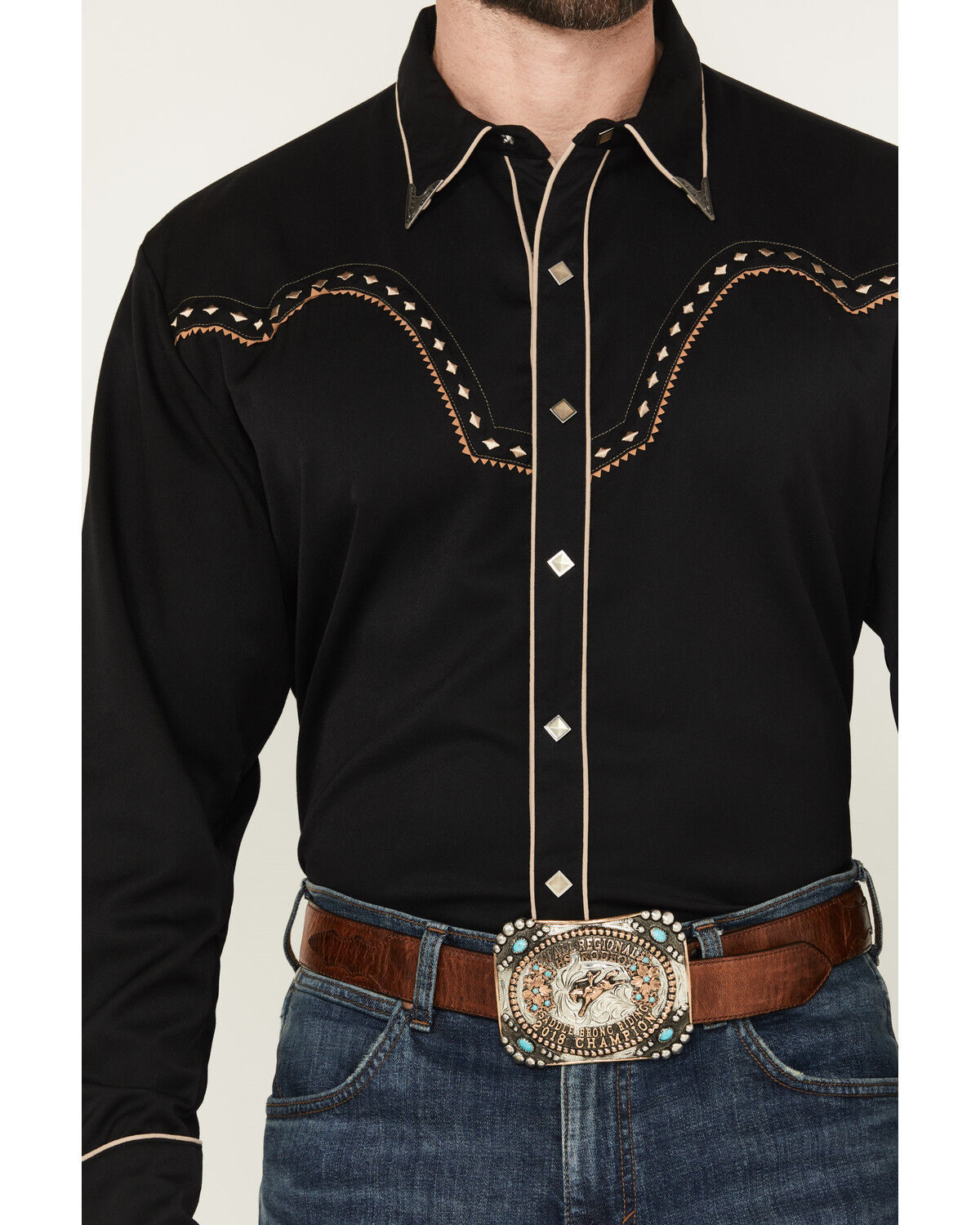 Image #3 - Scully Men's Diamond Embroidered Long Sleeve Western Shirt, Black/white, hi-res