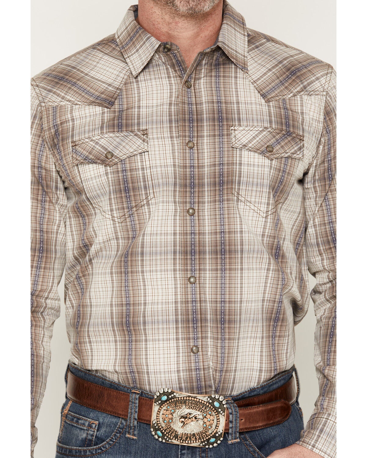 Image #3 - Cody James Men's Legend Dobby Plaid Print Long Sleeve Snap Western Shirt, Brown, hi-res