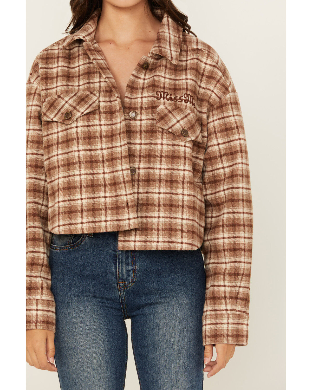 Image #3 - Miss Me Women's Plaid Print Button-Down Cropped Shacket, Brown, hi-res