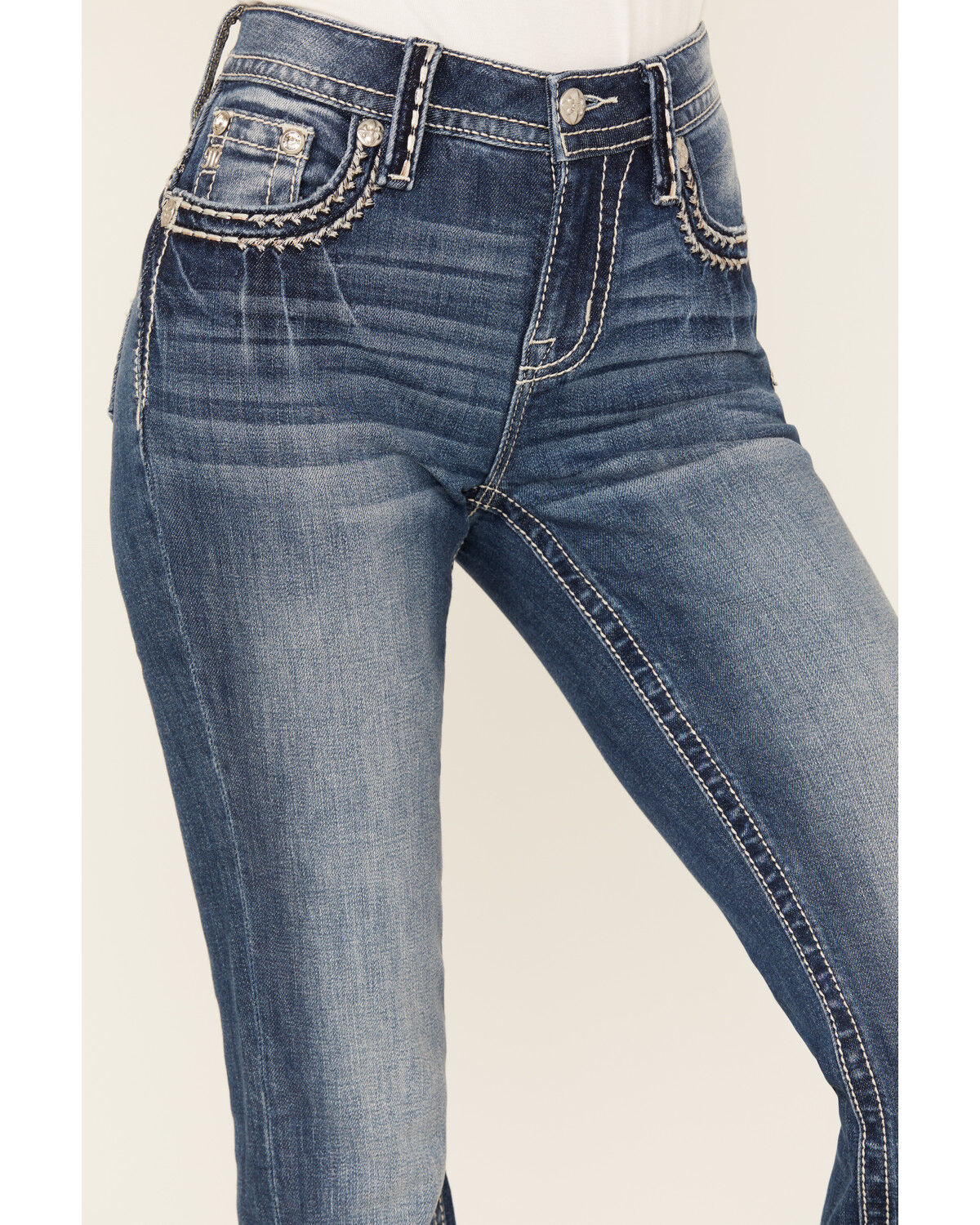 Image #4 - Miss Me Women's Medium Wash Mid Rise Border Stitch Bootcut Stretch Denim Jeans, Medium Wash, hi-res