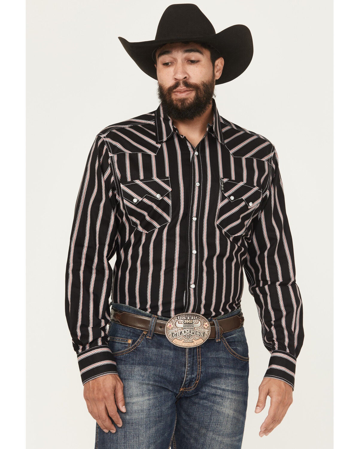 Cinch Men's Modern Fit Striped Long Sleeve Snap Western Shirt, Black, hi-res