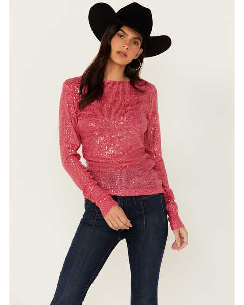Free People Women's Sequins Gold Rush Long Sleeve Top , Hot Pink, hi-res