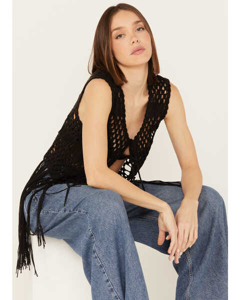 Rock & Roll Denim Women's Crochet Fringe Sleeveless Vest, Black, hi-res