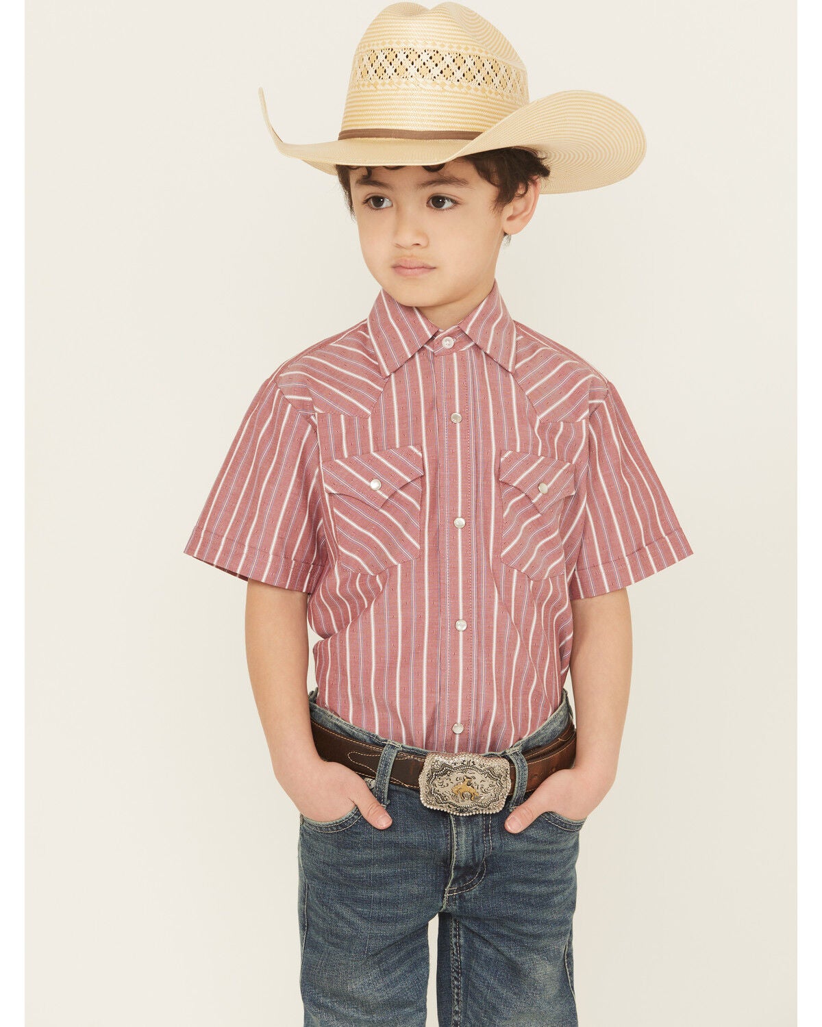 Ely Walker Boys' Striped Short Sleeve Snap Western Shirt, Red, hi-res
