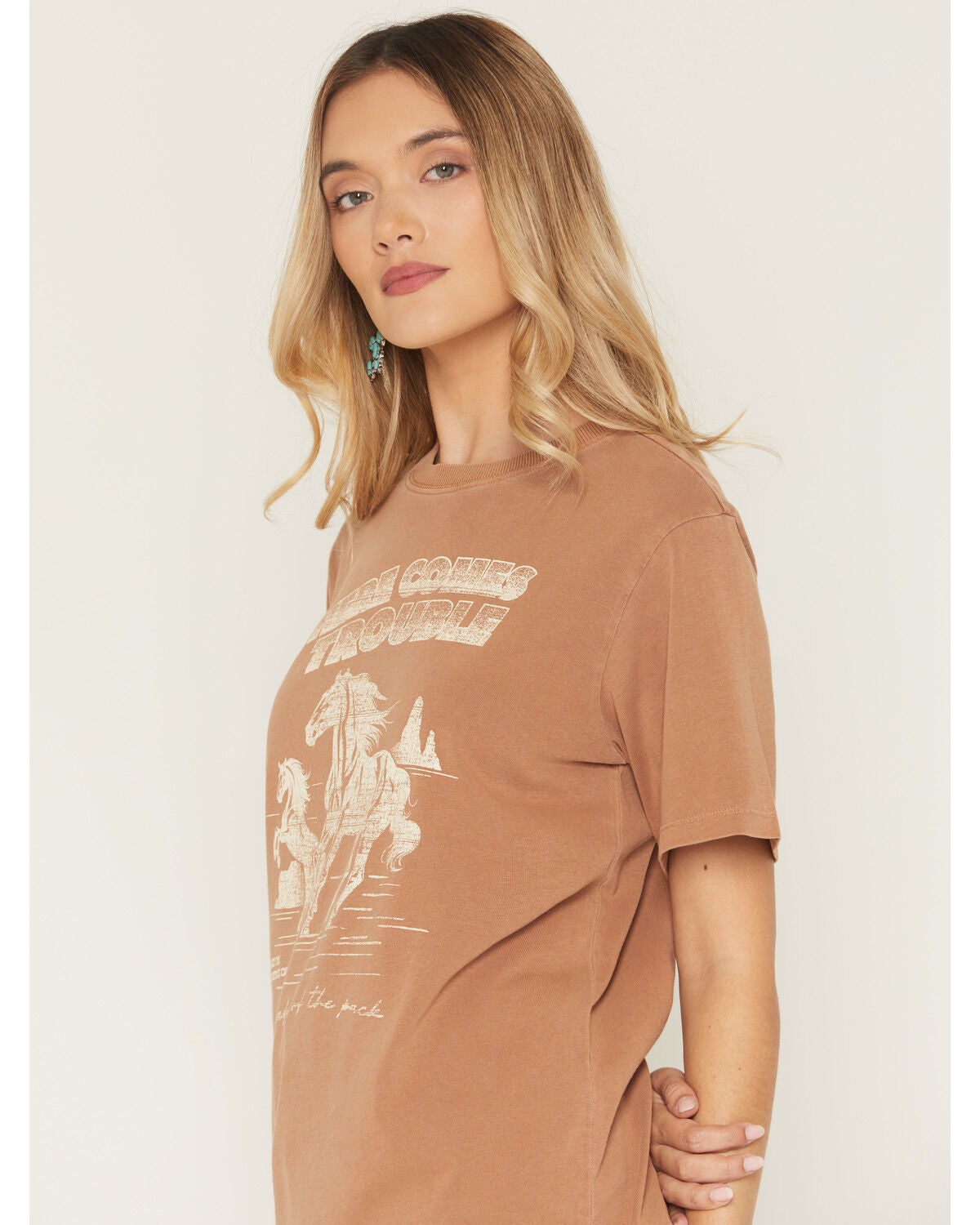 Image #2 - Idyllwind Women's Here Comes Trouble Short Sleeve Graphic Tee, Caramel, hi-res