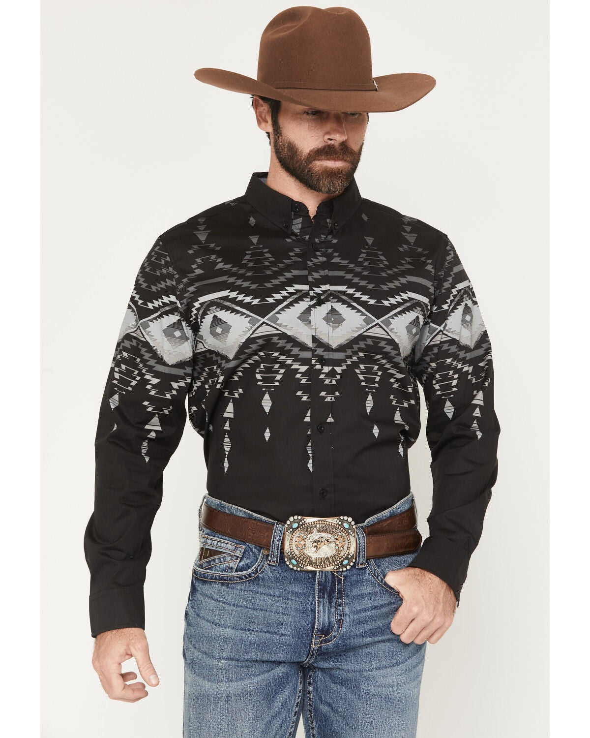 RANK 45&reg; Men's Highway Man Southwestern Border Long Sleeve Button-Down Stretch Western Shirt, Black, hi-res