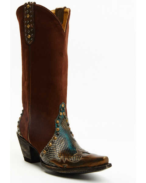 Image #1 - Idyllwind Women's Leap Snake Suede Leather Western Boots - Snip Toe , Brown, hi-res