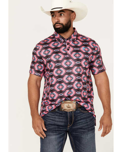 Rock & Roll Denim Men's Southwestern Print Short Sleeve Polo Shirt , Pink, hi-res