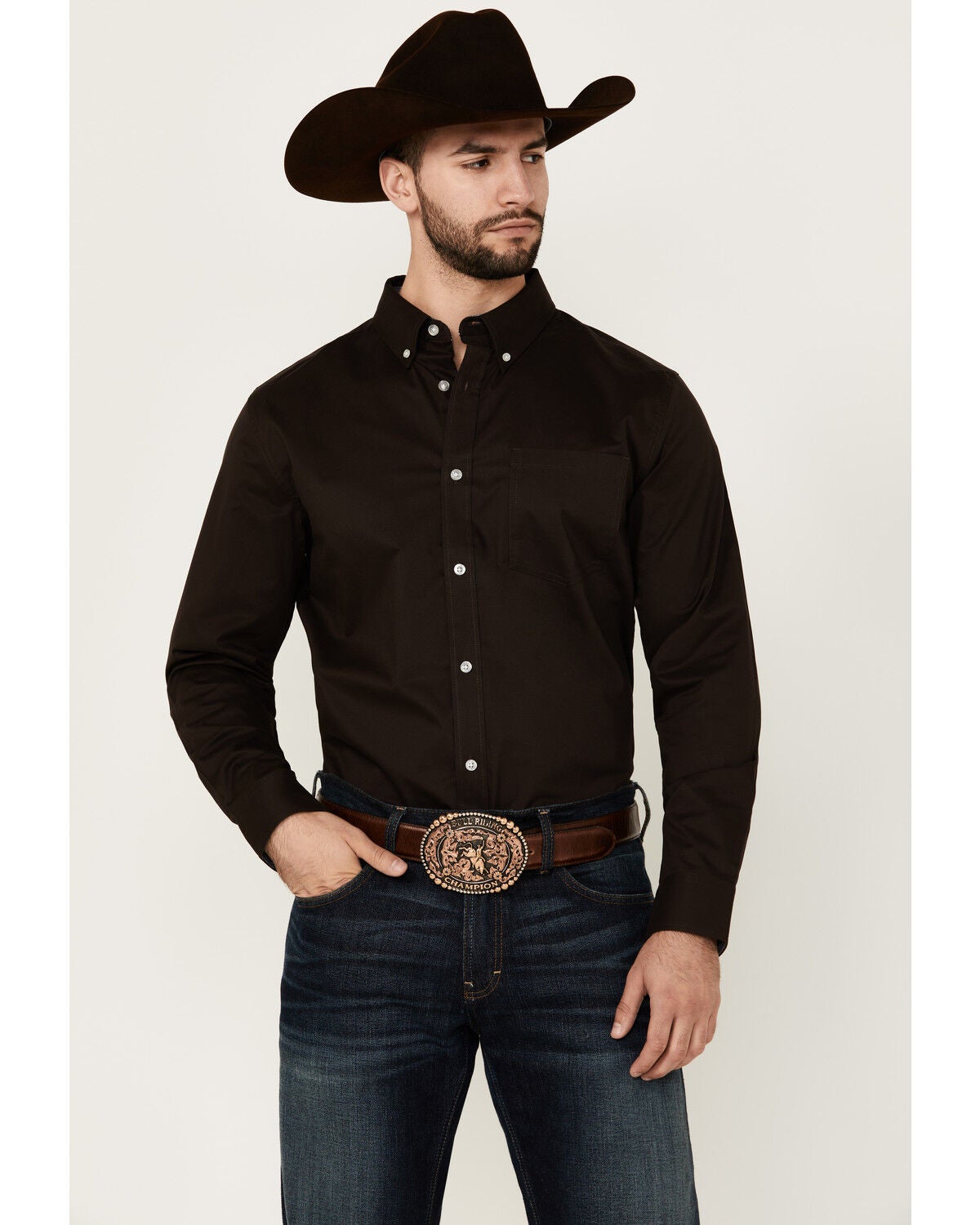 Cody James Men's Basic Solid Long Sleeve Button-Down Stretch Western Shirt, Brown, hi-res